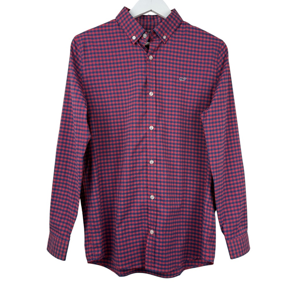 *Vineyard Vines Mens Red Navy Cotton Gingham Check Button Down Shirt XL